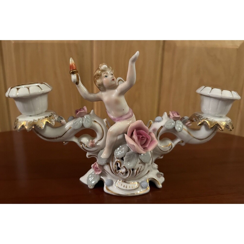 UCACGO Double Candlestick Holder Cherub Pink Roses Hand Painted Porcelain. Japan